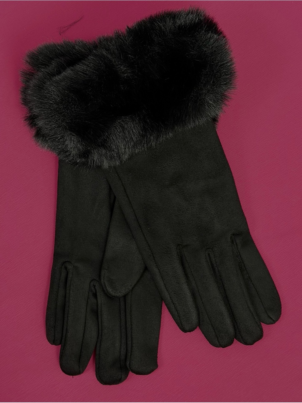 Amazon Essentials Black Faux-Fur Cuff Gloves OSFM Stretchy